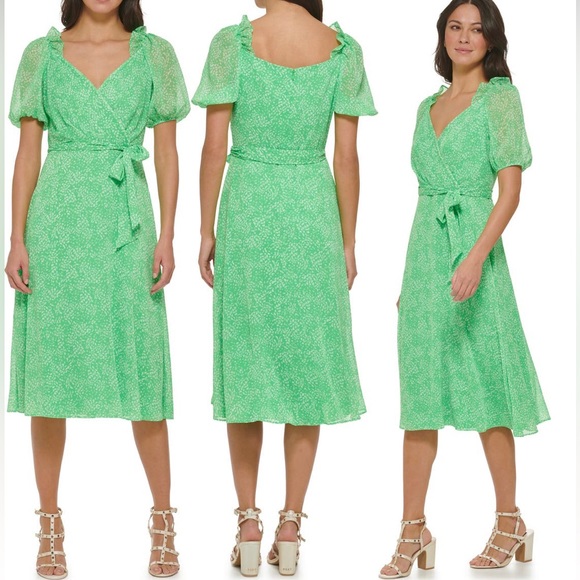 DKNY Puff Sleeved Ruffle Green Spotted White Midi Dress - Picture 4 of 7